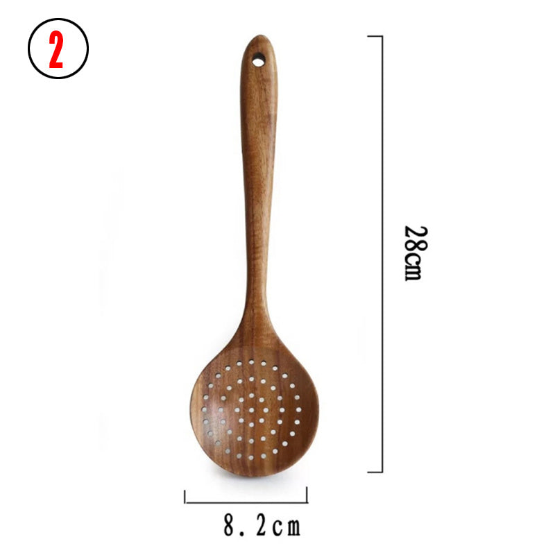 Thailand Teak Natural Wood Tableware Spoon Ladle Turner Long Rice Colander Soup Skimmer Cooking Spoons Scoop Kitchen Tool Set