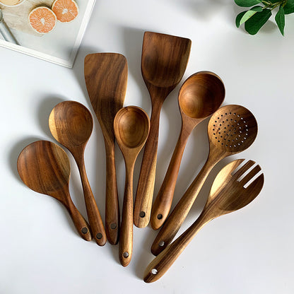 Thailand Teak Natural Wood Tableware Spoon Ladle Turner Long Rice Colander Soup Skimmer Cooking Spoons Scoop Kitchen Tool Set