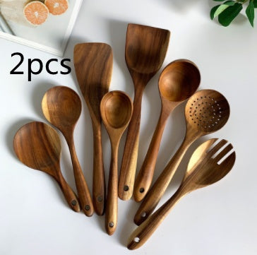 Thailand Teak Natural Wood Tableware Spoon Ladle Turner Long Rice Colander Soup Skimmer Cooking Spoons Scoop Kitchen Tool Set